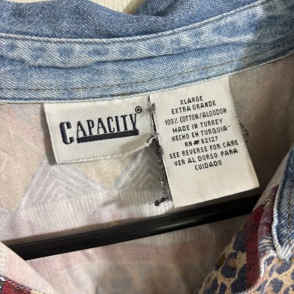 Vintage 90s Mixed Animal Print Geometric Shirt Denim Collar Indiecore XL - Picture 3 of 10